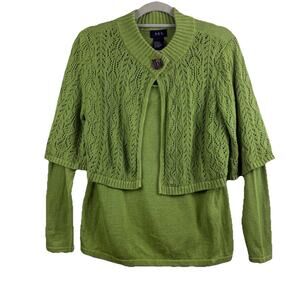 R•Q•T Vintage Green Sweater Large Open Knit Cardigan Overlay Grandmacore Cottage